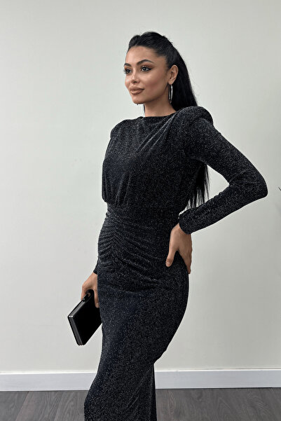 giyimmasalı Jarse Payetli Kumaş Büzgü Detaylı Kalem Elbise - GÜMÜŞ