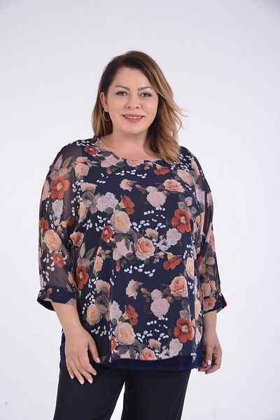 LİLAS XXL Bluză din șifon cu imprimeu floral de mărime mare, albastru bleumarin