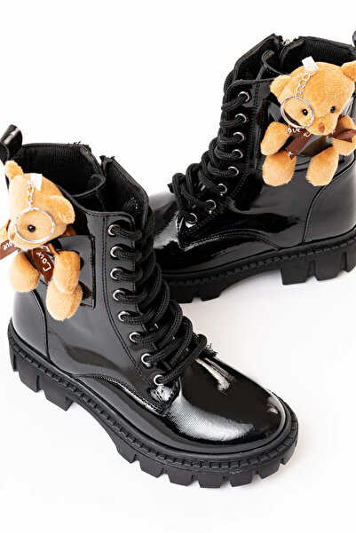 Zerenyus Ayıcık Kız Çocuk Anatomik Kalın Taban Ayıcık Aksesuarlı Bağcıklı Bot Siyah Rugan