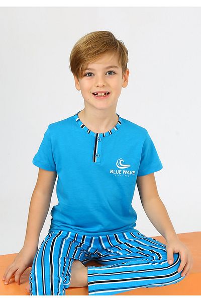 vitmo Set pijama cu mânecă scurtă cu model Wave albastru pentru băiat - 100% bumbac, detaliat cu nasturi, culoare petrol