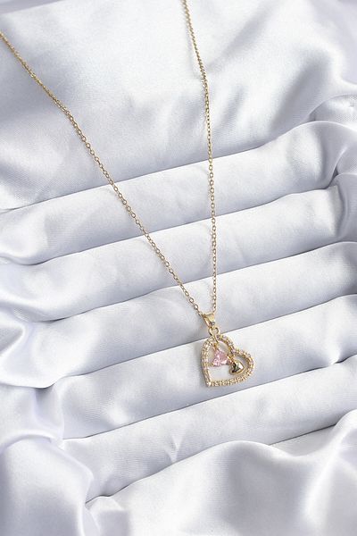 Skygo Gold Colored 316L Heart Model Zircon Stone Women's Necklace - TJ-BKO7999