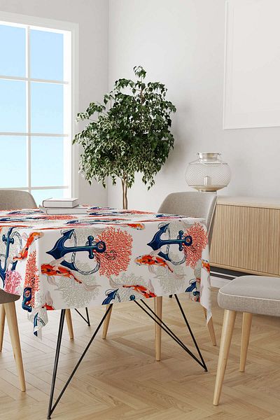 Cango Home Orange White Fish Marine Patterned Tablecloth Cgh013-ms