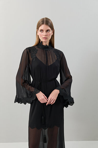 Roman Dantel Detaylı İspanyol Kol Şifon Elbise Siyah K2511319_001