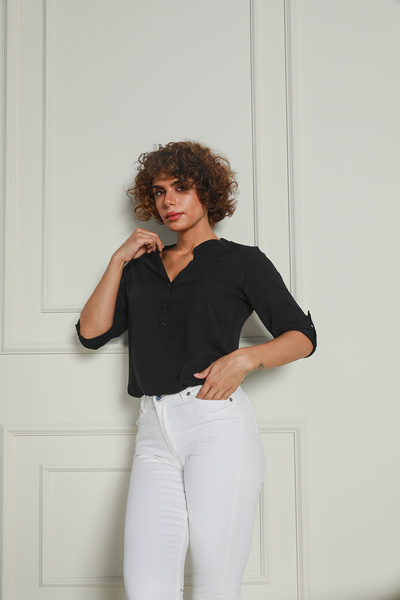 Butik Siyah Hakim Yaka Yarım Patlı Viskon Gömlek 1500064