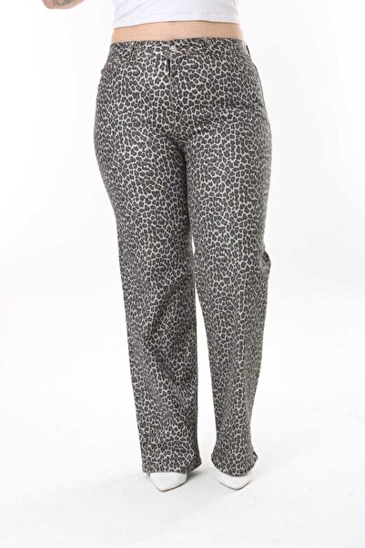 ASSO JEAN SALAŞ GRİ LEOPAR DESENLİ YÜKSEL BEL BÜYÜK BEDEN PANTOLON