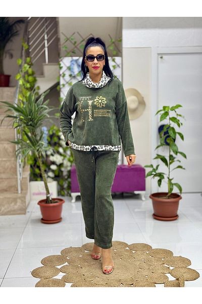 Punta Otantik Pt10475 Italian Leopard Print Khaki Velvet Suit