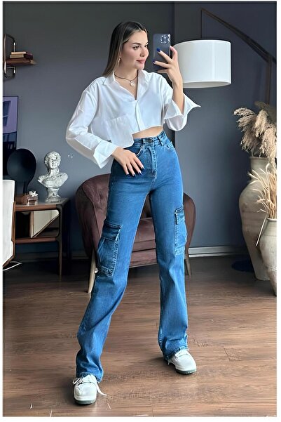 Trn JNS Mid Blue Wash Blue Cargo Loose Back Pocketless Lycra Super High Waist Jean Pants