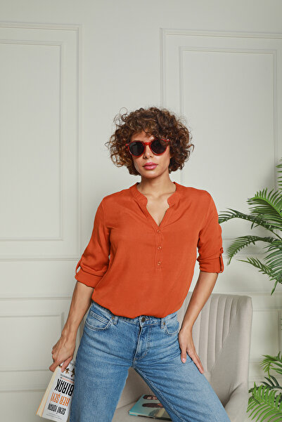 Butik Kiremit Hakim Yaka Yarım Patlı Viskon Gömlek 1500064