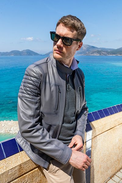 Basics&More Men's Zipper Detailed Gray Leather Jacket