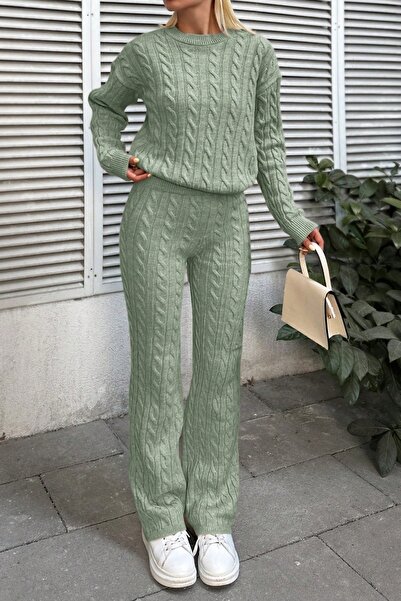 Miss Poem Kadın Kışlık Uzun Tesettür Basic Alt-Üst Yeşil Triko Takım