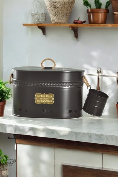 Milenay Oval Metal Potato Onion Garlic Bucket, Kitchen Organizer with 2 Compartment Design and Garlic Chamber