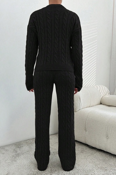 Miss Poem Women's Winter Long Hijab Basic Bottom-Top Black Knitwear Set