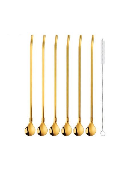 Tomurcukhome Set of 6 Latte and Cocktail Spoons with Gold Straw - Cleaning Brush, 22 cm Round Model