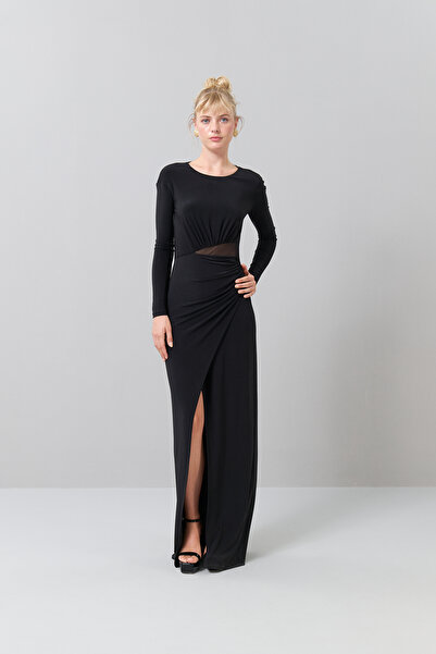 Roman Transparan Detaylı Bisiklet Yaka Maksi Boy Örme Elbise Siyah K2521008_001