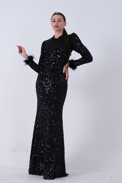 Feminist Sequined and Feather Detailed Hijab Evening Dress Black 6502490