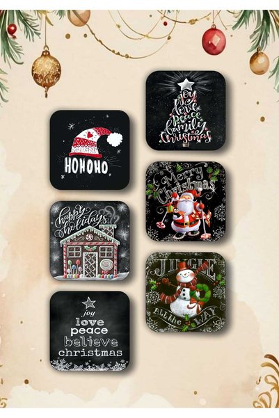 SHELİFE Happy New Year - New Year - Merry Christmas Themed Wooden Coaster Set 6 Pieces