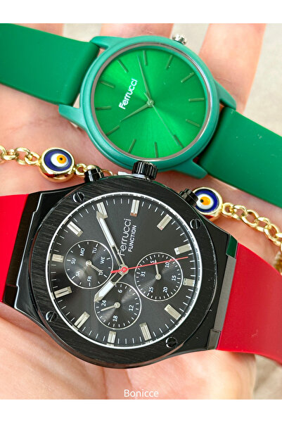 Ferrucci Marka Siyah Renk Fonksiyonları Aktif Sevgili Çift Kol Saatleri + Bil...