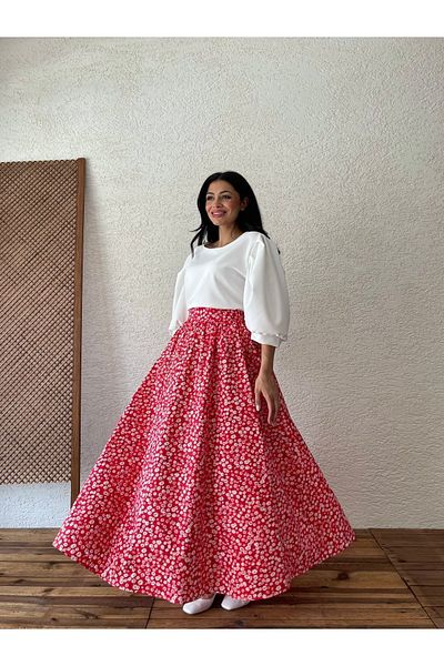 KÜÇÜĞÜM BUTİK Poplin Fabric - Red Daisy Flared Skirt