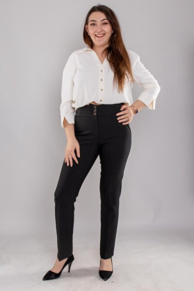 AYHAN Black Pants with Large Size Wide Belt 70527 - Buttons