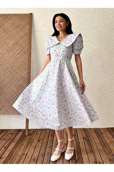 KÜÇÜĞÜM BUTİK Rochie vintage cu guler mare albastru-bordeau cu flori evazate