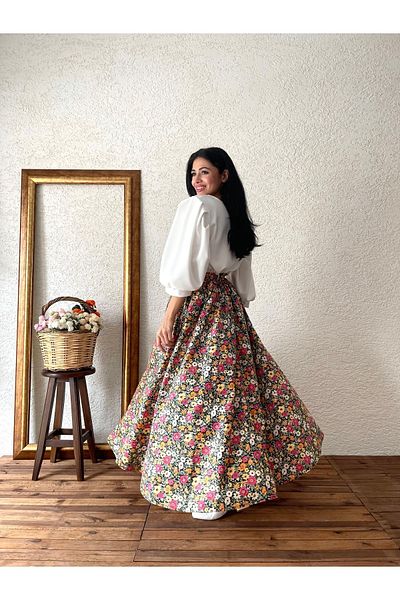 KÜÇÜĞÜM BUTİK Φούστα Poplin Flared - Μαύρη και Πορτοκαλί Floral