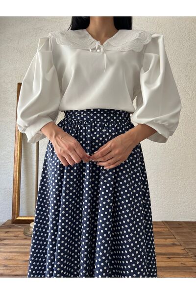 KÜÇÜĞÜM BUTİK Спідниця-кльош з темно-синього попліну в горошок