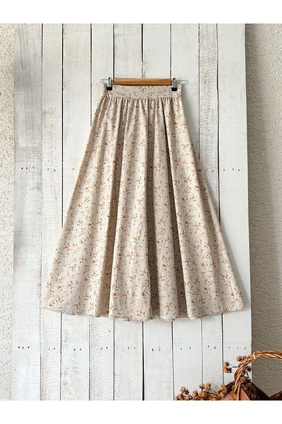 KÜÇÜĞÜM BUTİK Fusta evazată din popelin floral maro crem