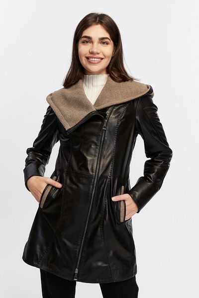 KENT Lena Trickle Hooded Women's Black Genuine Leather Coat