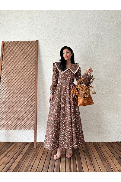 KÜÇÜĞÜM BUTİK Καφέ Floral Vintage Μακρύ Φαρδύ Φόρεμα - Μεγάλος Γιακάς