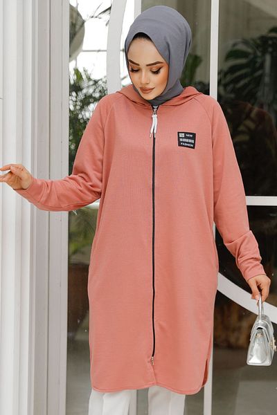 Neva Style Dusty Rose Zippered Hijab Sweatshirt - 30157Gk