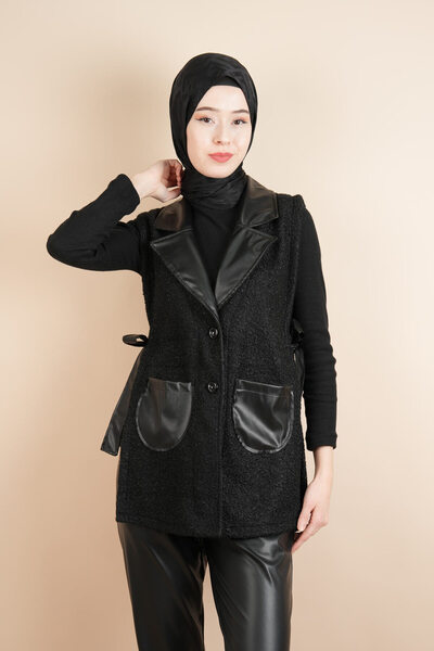 03KIZKULESITEKS Black Hijab Vest - Teddy with Leather Detail and Side Tie