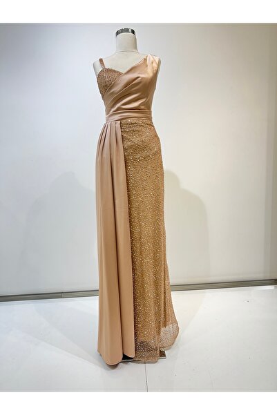 MODA sim taşlardan oluşan  gold saten abiye