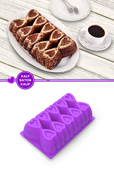 Silicolife Kalp Desenli Risotto Silikon Baton Kek Kalıbı Lila 26x16 cm