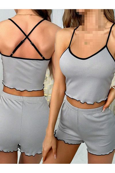 AŞAR MODA TEKSTİL Love Women - Gray Crop Top, Shorts Nightwear Set, Valentine's New Year