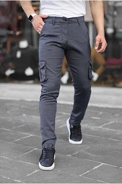 daniel milano Men's Anthracite Linen Cargo Pants with Bellows Pockets and Ribbed Detail