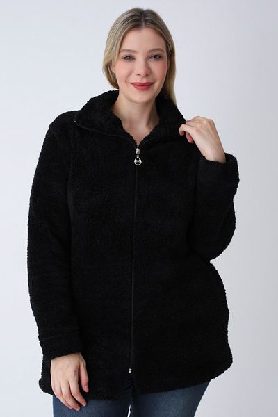 İntensive Women's Black Plus Size Zipper Soft Plush Cardigan