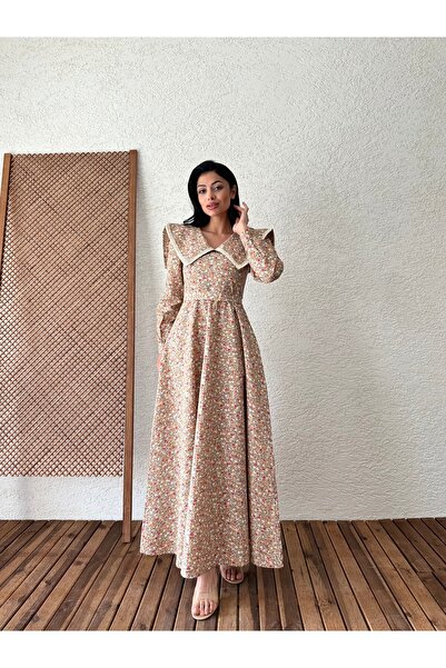 KÜÇÜĞÜM BUTİK Γκρι φλοράλ στάμπα Vintage Seersucker μακρυμάνικο φόρεμα