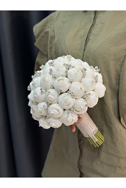 GELİNÇİÇEKCOM TAŞ DETAYLI BEYAZ ERENGÜL ( ŞAKAYIK ) BUKETİ