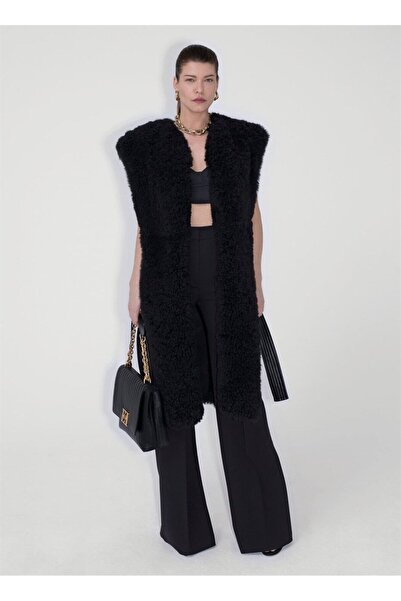 Escada Kemer Detaylı Uzun Boy Siyah Kuzu Kürk Yelek