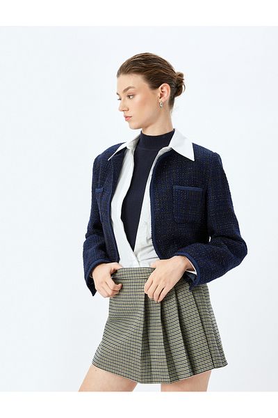 Koton Piping Round Neck Crop Tweed Jacket