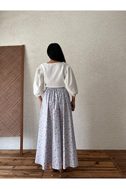 KÜÇÜĞÜM BUTİK Mavi-Bordo Çiçekli Kloş Poplin Etek