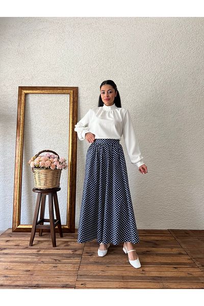KÜÇÜĞÜM BUTİK Πουά Navy Blue Poplin Flared Φούστα