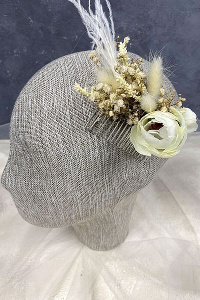 Hayalperest boncuk Cream Feather and Cipso Floral Comb Hair Accessory