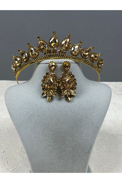 Hayalperest boncuk Green Neri Model Wedding Henna Costume Set - Crown and Shuttle Drop Earrings