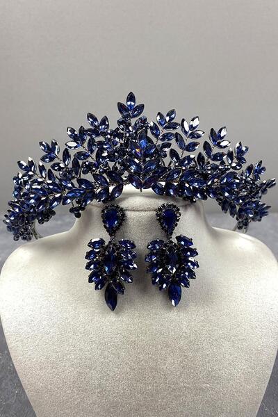 Limelia Set de cercei și coroană de mireasă cu mărgele Asleny bleumarin