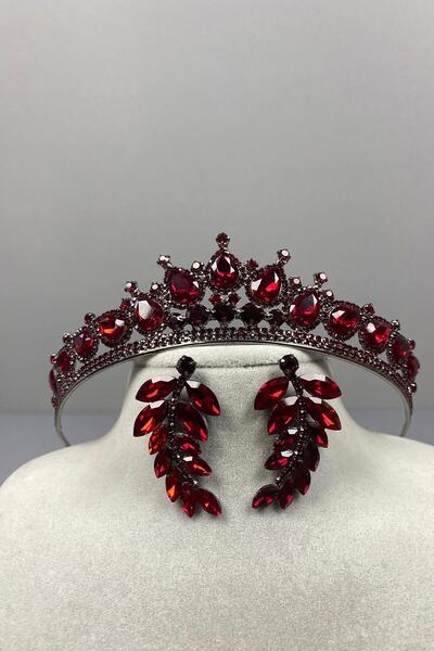 Limelia Set de cercei cu coroană și frunze de henna de mireasă Ade Burgundy