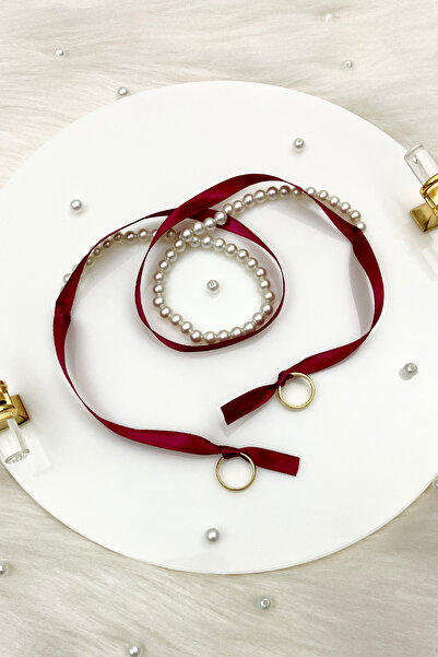 ZEYMERADE Bordo Söz Nişan Yüzük Kurdelesi, Dökülen İncili, Gelin Damat