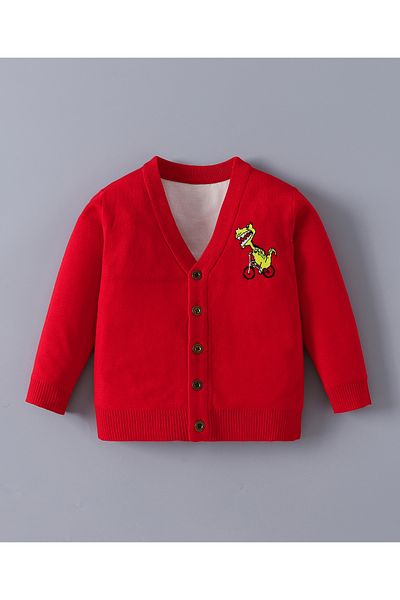 SAPS Cycling Dino Graphic V Neck Full Sleeves Sweater - Red