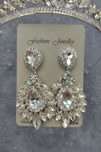Hayalperest boncuk Leyn Model Bridal Crown and Drop Shuttle Stone Earrings