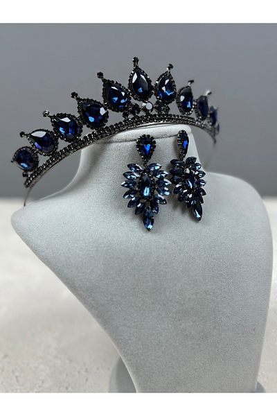 Hayalperest boncuk Navy Blue Neri Model Wedding Henna Costume Crown and Drop Earring Set